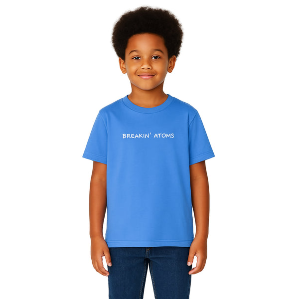 Child wearing the Breakin' Atoms Kids Tee in white, featuring clean Breakin’ Atoms logo print — a soft, versatile everyday shirt designed for active and expressive youth.