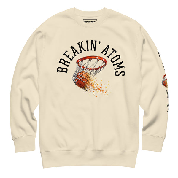 Breakin' Atoms Nothin' but Atoms basketball crewneck sweatshirt in bone, graphic of a basketball breaking into particles through a hoop, front view