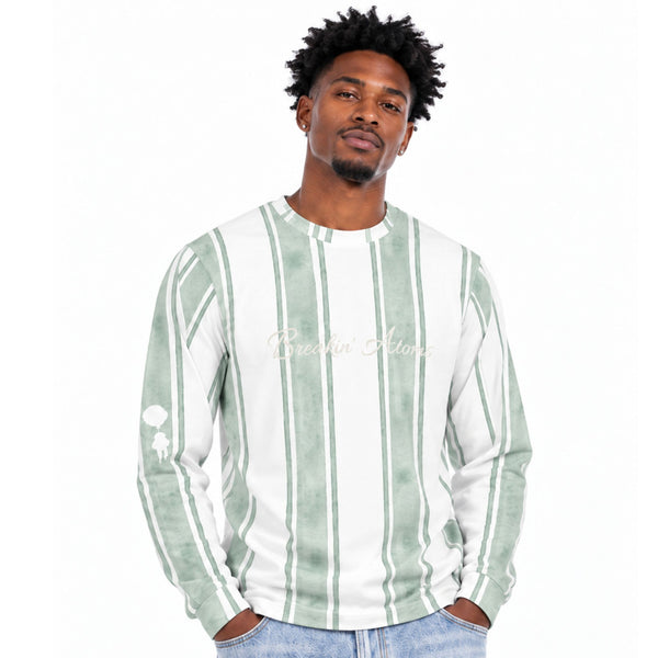 Model wearing the Breakin' Atoms Sage Brushstroke Long Sleeve, parachute mark visible on the left sleeve