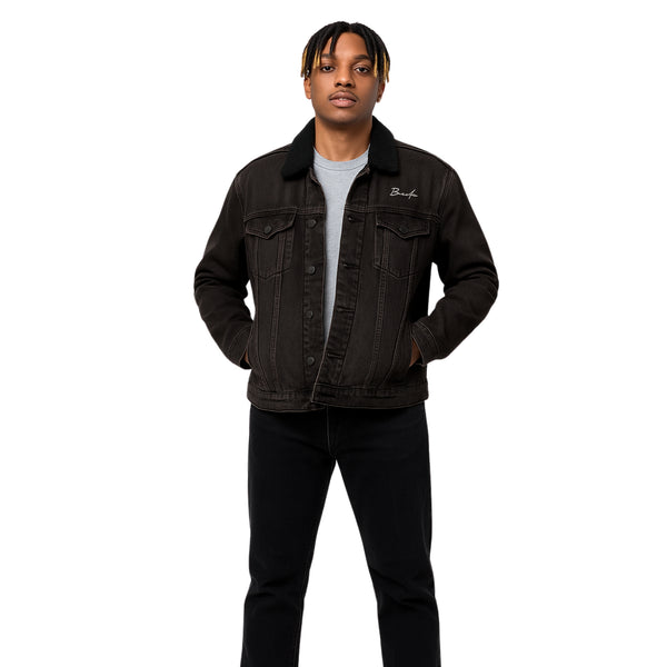 Breakin' Atoms "Atoms Sherpa-Lined Denim Classic" jacket featuring a vintage black wash, contrast black sherpa collar, and signature embroidered logo on the chest.