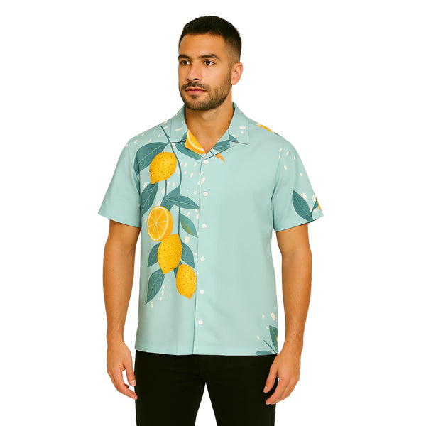 Model wearing Breakin' Atoms "Spring Citrus Serenade Button-Up," a vibrant short-sleeve shirt featuring fresh citrus fruit prints and spring floral accents — perfect for warm-weather style, vacations, and playful streetwear.