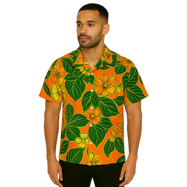 Model wearing Breakin' Atoms "Tropicana Bloom Vacation Button-Up," a tropical short sleeve shirt featuring vibrant floral patterns in sunset tones — perfect for vacations, festivals, and summer streetwear statements.