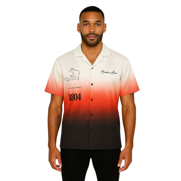 Breakin' Atoms "Unity Revolution Button-Up" shirt featuring the Haitian map, national motto “L’Union Fait La Force,” and the year 1804 — a tribute to the Haitian Revolution and bold cultural pride.