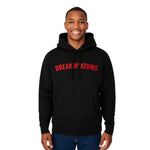 Streetwear style black hoodie with red Breakin' Atoms logo worn by male model thumbnail 2