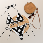“Breakin’ Atoms Apex Set black and white triangle bikini with shark fin print, beach day layout picture.  thumbnail 6
