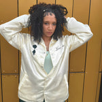 Breakin' Atoms Off-White Satin Jacket on Model thumbnail 4