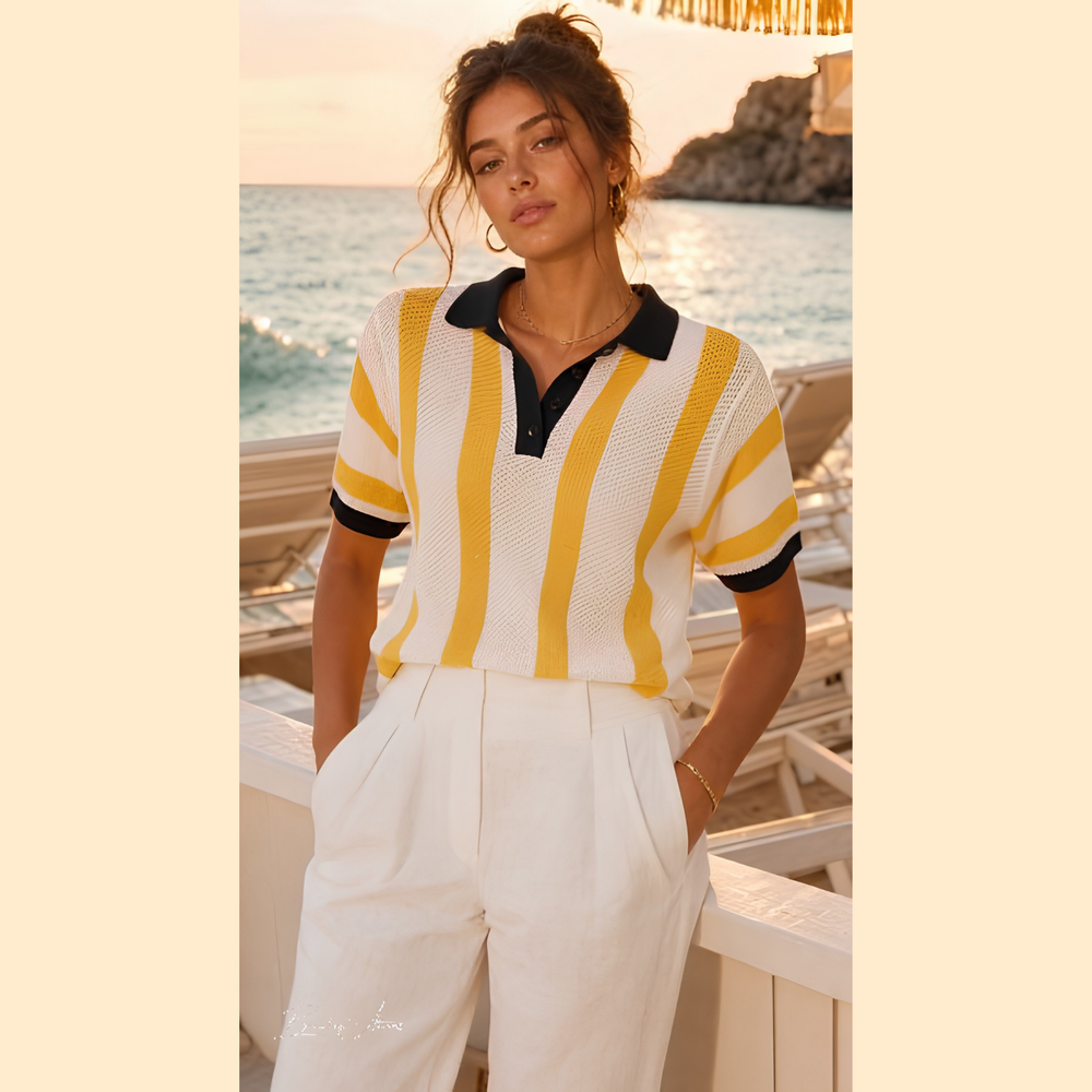Yellow Stripe Knit Polo By Breakin' Atoms Summer 26 — Breakin Atoms premium streetwear