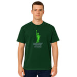Model wearing Breakin' Atoms "Abraham Only Sees Green Tee," a bold graphic t-shirt featuring an artistic depiction of Abraham Lincoln with a focus on wealth, vision, and green-toned symbolism — a standout in creative streetwear. thumbnail 1