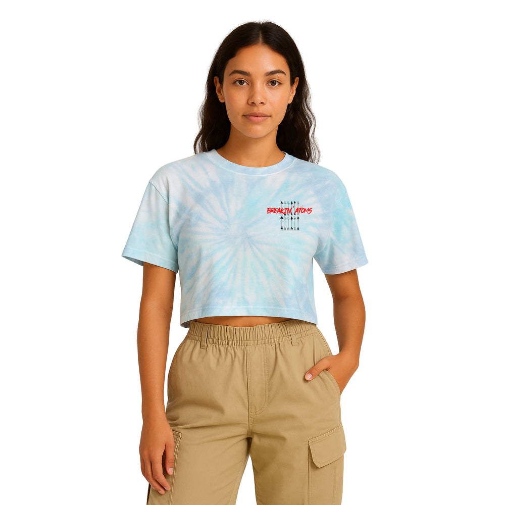 Breakin' Atoms Arrow Crop Top in tie-dye on model, perfect for casual streetwear — Breakin Atoms premium streetwear