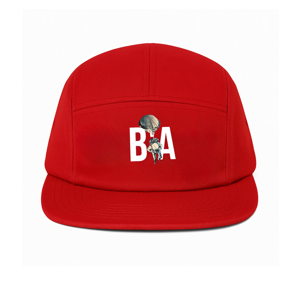 Front view of Breakin' Atoms 5-Panel “B'A” Hat in bold red, featuring structured fit and white embroidered “B’A” initials — a sleek, modern take on classic streetwear headwear. — Breakin Atoms premium streetwear