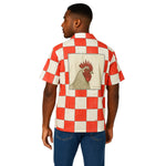 Back view of Breakin' Atoms "Big Rooster Shirt" featuring all-over red and cream checkered design in a structured cotton dress shirt fit. thumbnail 2