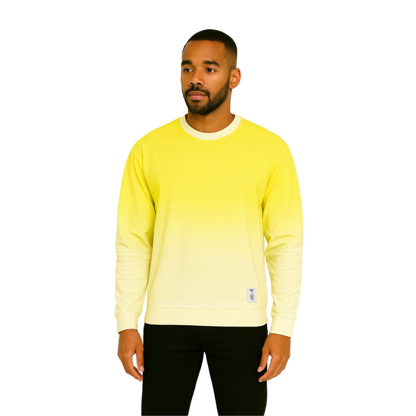 Model wearing Breakin' Atoms "Canary Yellow Sweater" with a smooth yellow ombré fade, relaxed fit, and classic crew neck — perfect for stylish layering in cool weather.