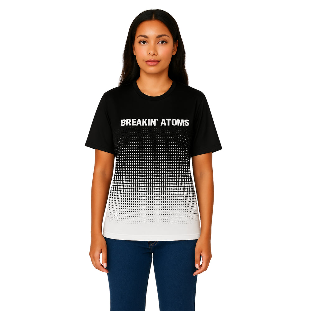 Model wearing Breakin' Atoms "Checker Charger Tee" — a racing-inspired streetwear t-shirt featuring bold checkerboard design, retro type graphics, and high-energy color contrast for a full-throttle aesthetic. — Breakin Atoms premium streetwear