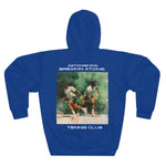 Model wearing the Astonishing Breakin’ Atoms "Tennis Club Sweater" — a classic crewneck with varsity-style lettering and retro tennis club branding, merging preppy sportswear with bold cultural streetwear. thumbnail 3