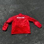 Back view of the Breakin' Atoms Coach's Jacket in red satin, featuring bold "Breakin' Atoms" lettering. Designed for those who break every wall and change the narrative. thumbnail 3