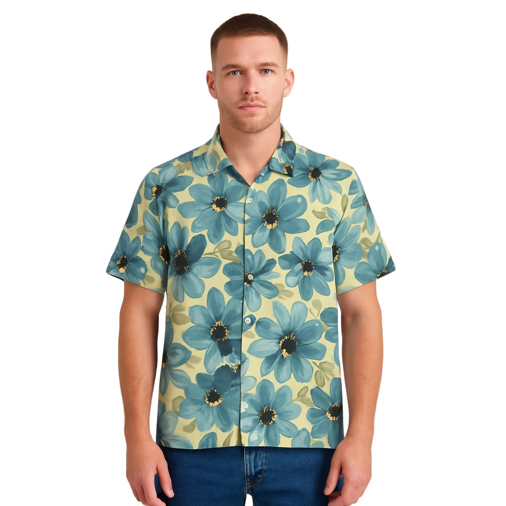 Model wearing Breakin' Atoms "Daisy Mosaic Vacation Button-Up," a lightweight short sleeve shirt with all-over abstract daisy floral print and relaxed fit — ideal for tropical getaways and summer street style. — Breakin Atoms premium streetwear