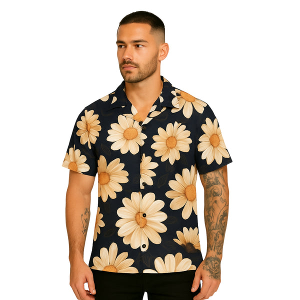 Model wearing Breakin' Atoms "Daydreamer Daisies Shirt," a short-sleeve button-up with an all-over white daisy floral print — perfect for spring vibes, casual weekends, and expressive streetwear.