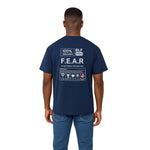 Breakin' Atoms "F.E.A.R." tee in sports dark navy with bold back graphic breaking down 'False Evidence Appearing Real' — complete with mock nutrition label and icons for overthinking, regret, and procrastination. thumbnail 1