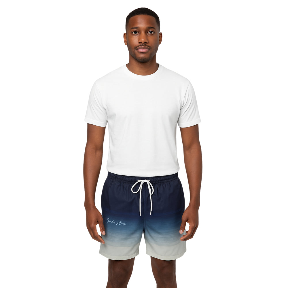 Model wearing Breakin' Atoms "Gradient Horizon Shorts," lightweight shorts with a sunset-inspired gradient colorway — perfect for summer streetwear and creative warm-weather outfits. — Breakin Atoms premium streetwear