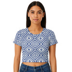 Model wearing Breakin' Atoms "Indigo Matrix Crop Top," a fitted, short-cut top with a digital-grid inspired pattern in indigo tones — bold, futuristic, and street-style ready. thumbnail 1