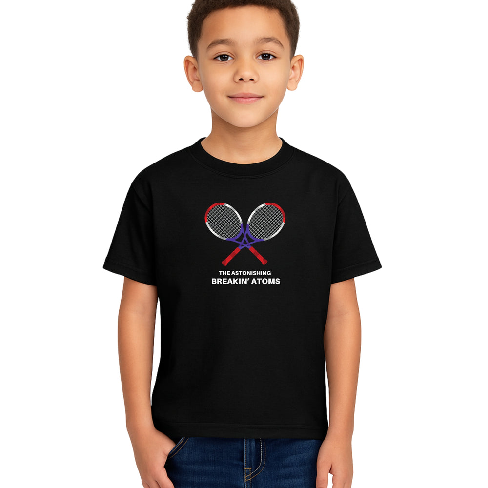 Child model wearing Breakin' Atoms Kid's Tennis Tee in black, featuring crossed tennis rackets and bold text design — a fun, sporty graphic t-shirt perfect for active kids and tennis fans. — Breakin Atoms premium streetwear