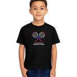 Child model wearing Breakin' Atoms Kid's Tennis Tee in black, featuring crossed tennis rackets and bold text design — a fun, sporty graphic t-shirt perfect for active kids and tennis fans. thumbnail 1