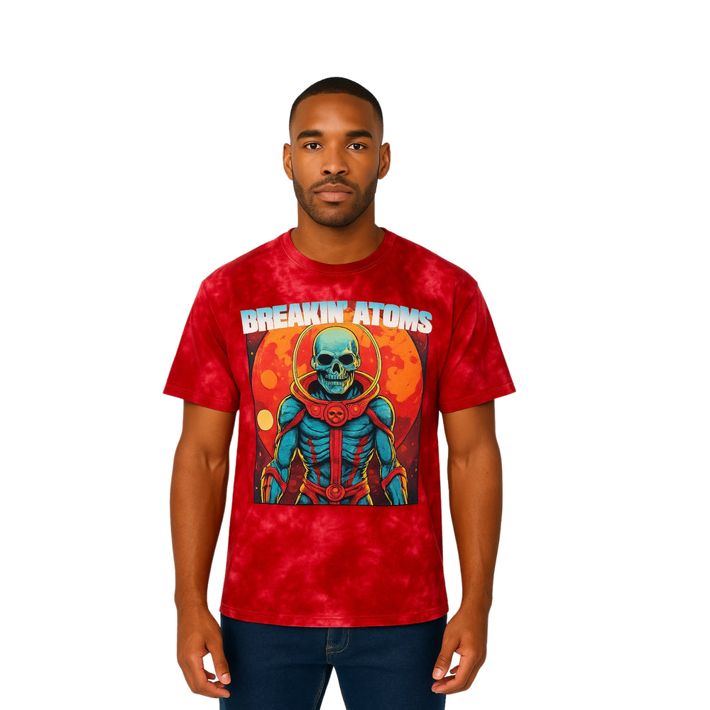 Model wearing Breakin' Atoms "Master of the Universe" Tee featuring a bold cosmic-themed graphic with futuristic text — a standout short-sleeve shirt for streetwear lovers and fans of retro sci-fi style. — Breakin Atoms premium streetwear