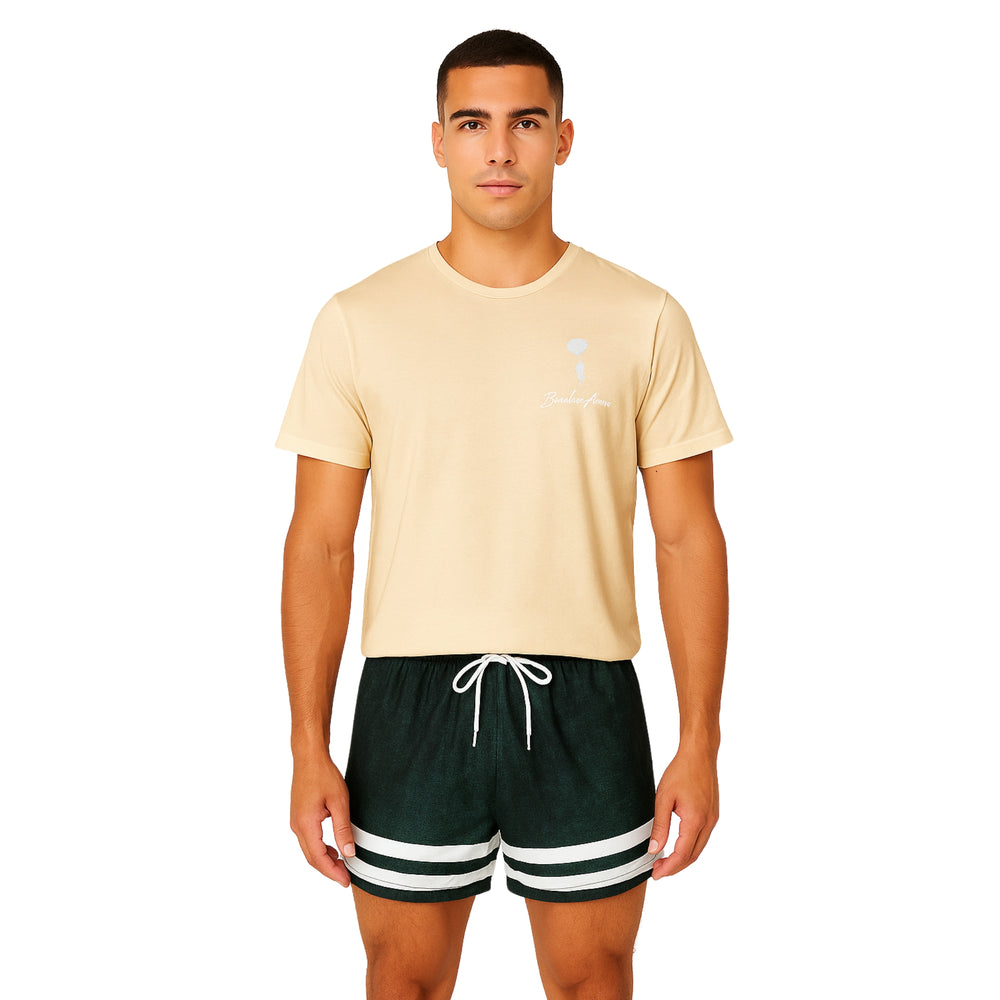 Model wearing Breakin' Atoms "Midnight Stride Shorts," solid black athletic-style shorts featuring subtle logo detailing and a clean cut — ideal for movement, comfort, and understated streetwear. — Breakin Atoms premium streetwear