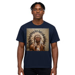Breakin' Atoms "Modern Warrior Tee" featuring a painted-style portrait of an Indigenous man in a traditional feathered headdress — a powerful blend of heritage, honor, and contemporary streetwear. thumbnail 1