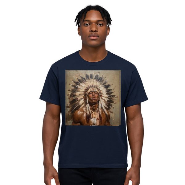 Breakin' Atoms "Modern Warrior Tee" featuring a painted-style portrait of an Indigenous man in a traditional feathered headdress — a powerful blend of heritage, honor, and contemporary streetwear.