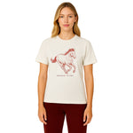 Model wearing Breakin' Atoms "Mustang Spirit Graphic Tee – Freedom Series" in light blue, featuring a red sketch-style mustang in mid-gallop and minimalist Breakin' Atoms logo — a tribute to untamed freedom and movement.  thumbnail 2