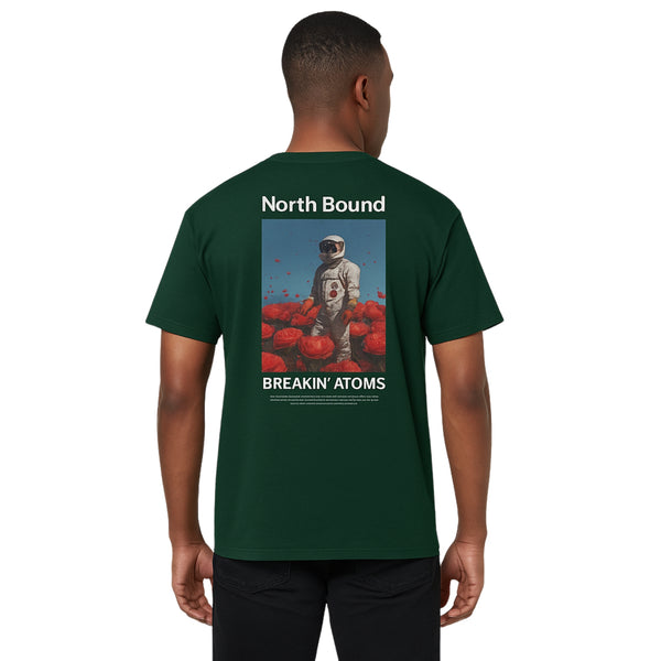 Model wearing Breakin' Atoms "Northbound" T-Shirt, featuring a minimalist yet directional graphic design centered on progress, purpose, and streetwear storytelling.