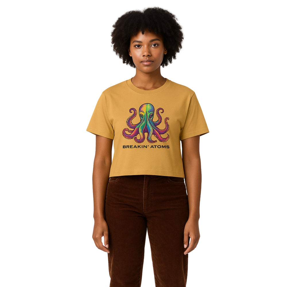 Model wearing Breakin' Atoms "OctoTide Graphic Heavy Cotton Tee" — a bold short sleeve heavyweight t-shirt featuring a large octopus-inspired oceanic graphic and crisp Breakin’ Atoms branding, ideal for statement streetwear. — Breakin Atoms premium streetwear