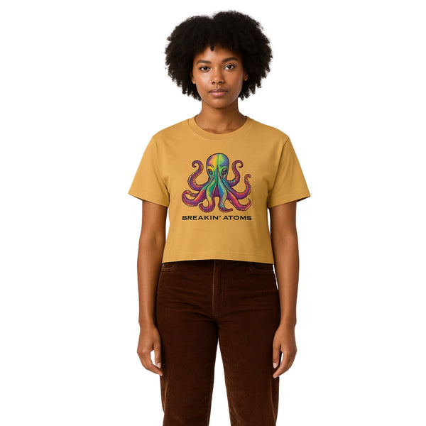 Model wearing Breakin' Atoms "OctoTide Graphic Heavy Cotton Tee" — a bold short sleeve heavyweight t-shirt featuring a large octopus-inspired oceanic graphic and crisp Breakin’ Atoms branding, ideal for statement streetwear.