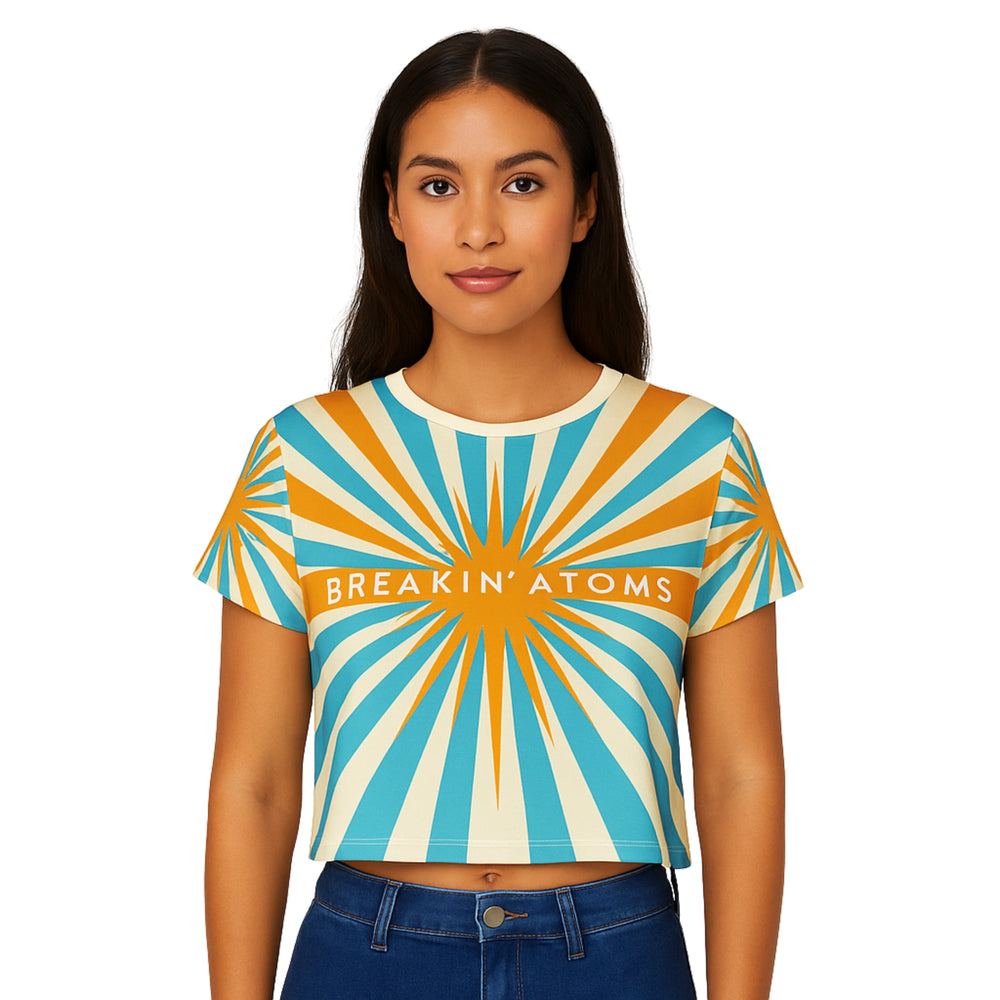 Model wearing Breakin' Atoms "Radiant Burst" Tee featuring a bold, sunray-inspired front graphic on a clean crew neck short sleeve silhouette — perfect for everyday statement streetwear. — Breakin Atoms premium streetwear