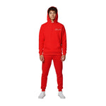 “Front view of the Breakin’ Atoms Red Expanse Sweater in deep red, showing clean lines and soft cotton texture on model. thumbnail 5