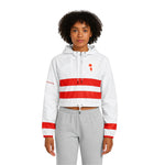 Model wearing Breakin' Atoms "Scarlet Strider Windbreaker" crop top — a vivid red lightweight jacket with a cropped fit, high collar, and zip-up front for bold, sporty streetwear style. thumbnail 1