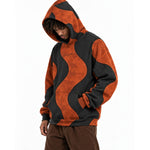 Model wearing the Breakin' Atoms Side Effects Hoodie, hood up, hands in the front pocket, burnt rust and washed black waves thumbnail 1