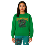 Female model wearing Breakin' Atoms Spring Sweatshirt featuring serpent graphic on pastel tie-dye fabric" thumbnail 1
