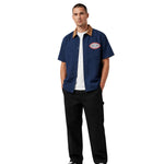 an in the Breakin' Atoms Sunday Shift Work Shirt, navy with tobacco corduroy collar, worn open over a white tee thumbnail 2