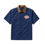 Breakin' Atoms Sunday Shift Work Shirt in navy — close-up of the tobacco corduroy collar and embroidered oval chest patch, product display  thumbnail 1