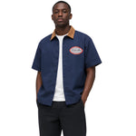 an in the Breakin' Atoms Sunday Shift Work Shirt, navy with tobacco corduroy collar, worn open over a white tee thumbnail 3