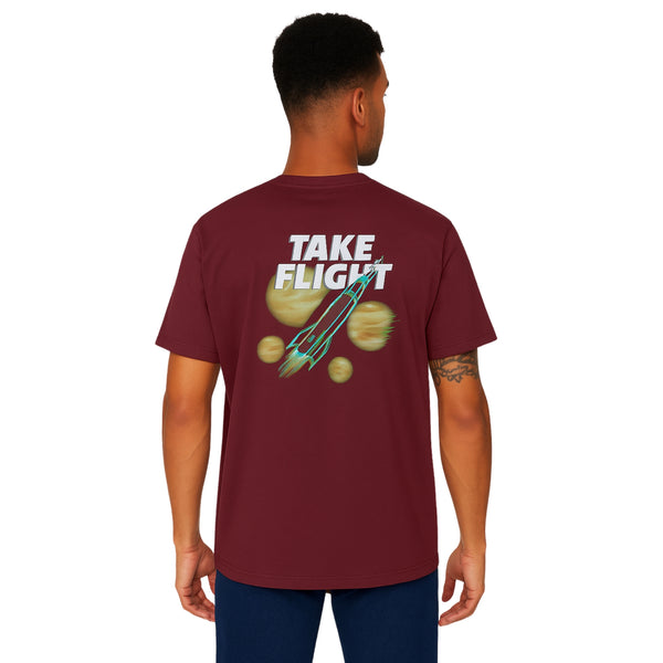 Model wearing Breakin' Atoms "Take Flight Shirt," a short sleeve button-up featuring a bold abstract design with avian-inspired graphics, ideal for expressive streetwear and modern creative wardrobes.