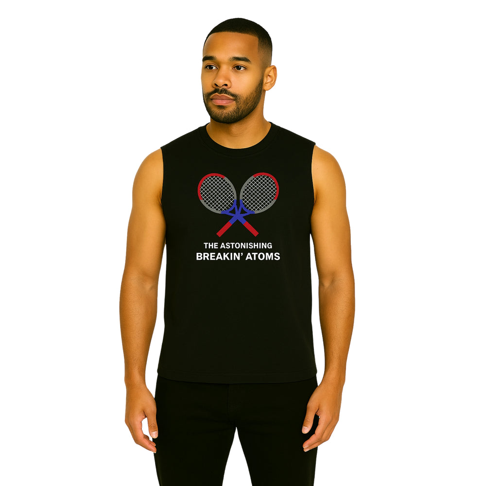 Model wearing Breakin' Atoms "Tennis Muscle Shirt" — a sleeveless athletic top featuring bold tennis-inspired graphics, breathable fabric, and a performance-ready cut designed for movement on and off the court. — Breakin Atoms premium streetwear