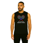 Model wearing Breakin' Atoms "Tennis Muscle Shirt" — a sleeveless athletic top featuring bold tennis-inspired graphics, breathable fabric, and a performance-ready cut designed for movement on and off the court. thumbnail 1