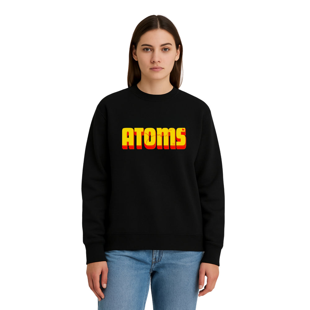 Model wearing Breakin' Atoms "The Atoms Graphic Sweater," a cozy crewneck sweater featuring a bold scientific-inspired atom design across the chest — fusing comfort with eye-catching, cerebral streetwear. — Breakin Atoms premium streetwear
