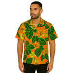 Model wearing Breakin' Atoms "Tropicana Bloom Vacation Button-Up," a tropical short sleeve shirt featuring vibrant floral patterns in sunset tones — perfect for vacations, festivals, and summer streetwear statements.
 thumbnail 1