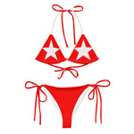 Model wearing Nova Star – Red bikini, front view, with red triangle top and white star graphics, paired with string-tie bottoms. thumbnail 2