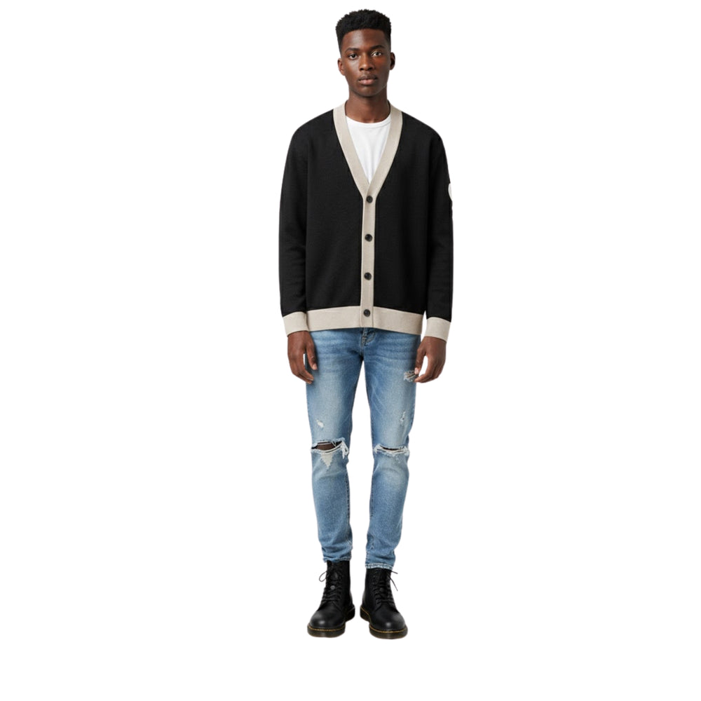 Model wearing the Breakin’ Atoms Cloud Thread Cardigan in black with contrast trim, shown from the front. — Breakin Atoms premium streetwear