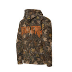 Side angled view of a Breakin’ Atoms fall leaf camouflage hoodie. The orange gothic Breakin’ Atoms logo is visible across the back and partially wrapping toward the side, set against the earthy brown, tan, and green woodland pattern. thumbnail 3